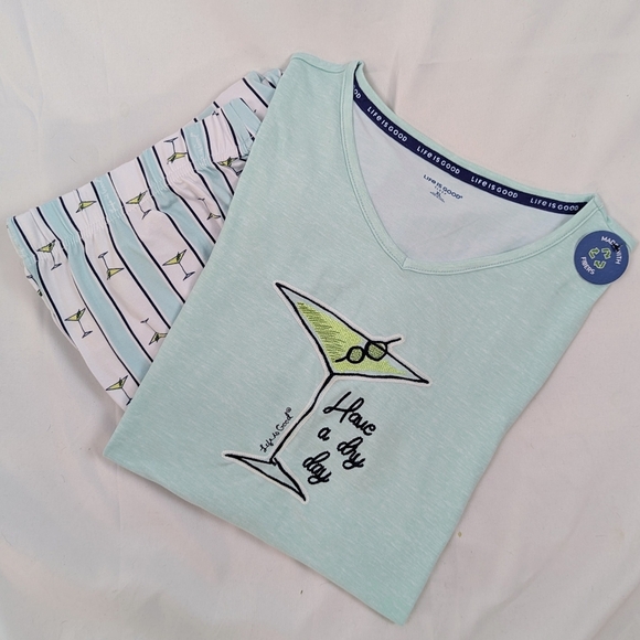 Life Is Good Martini Embroidery & Print PJ Set Short Sleeve Top Pant Teal XL NWT - Picture 9 of 16